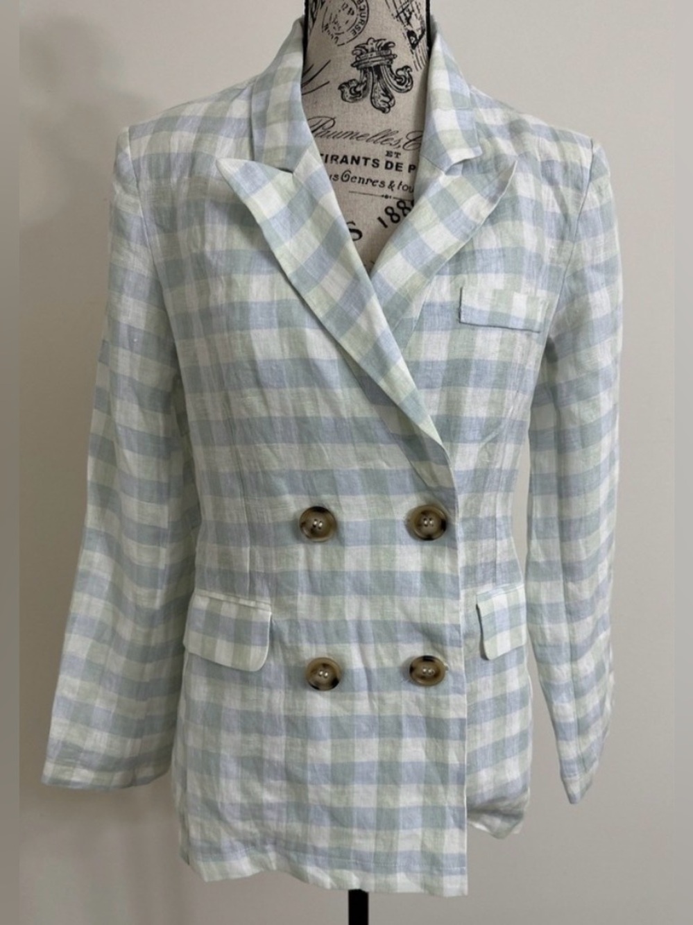 Heartloom Linen Double Breasted Blazer, Pale Blue, Green & White Check, XS, NWT!